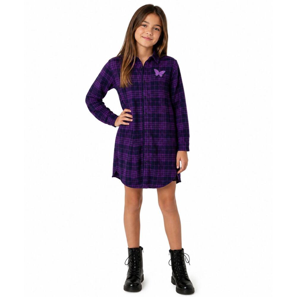Anna Sui Mini Girls 12Y L Purple Plaid Shirt Dress Butterfly Embroidered Ruffle